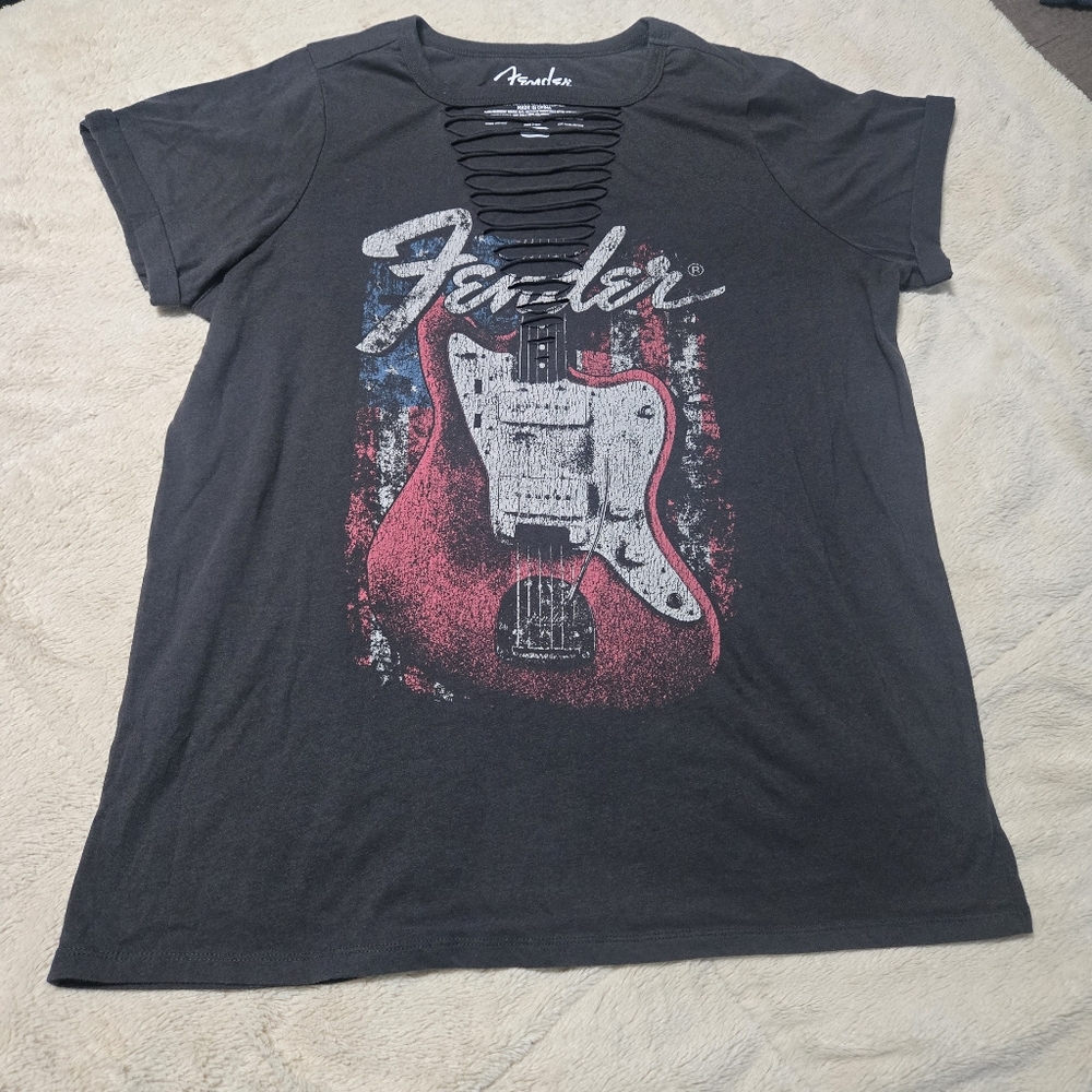 Fender Guitar Short Sleeve Tee, cutout neckline, black and red